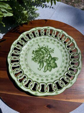 Rare Vintage Green Floral Plate with Lace Rim, Ornate Scalloped Edge Plate